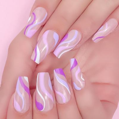 China Wholesale Factory Price Easy Wear Medium Coffin Form Pale - Pink Stripes Color Combination Base Nail Shiny Finish Press Nails for sale