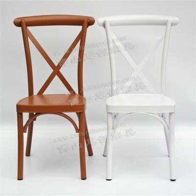 China Hotel Chair Outdoor Aluminum Wood Grain Finish Dining Restaurant X Cross Wedding Back Chairs For Rental for sale