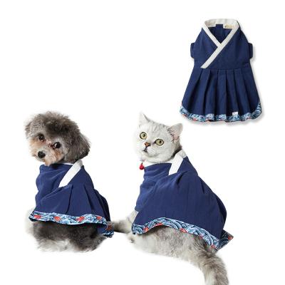 China Custom Stocked UFBemo Soft Blue Cotton Summer Designer Cat Dress Apparel Pet Little Dog Skirt for sale