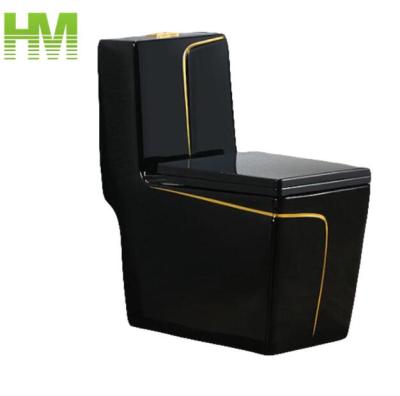 China Double-Flow Ceramic One-Piece Black Toilet Bowl With Decorative Golden Line for sale