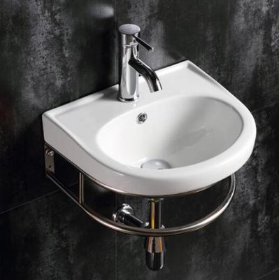 China Sustainable Round Design Ceramic Single Wall Hung Basin With Stainless Steel Towel Shelf for sale