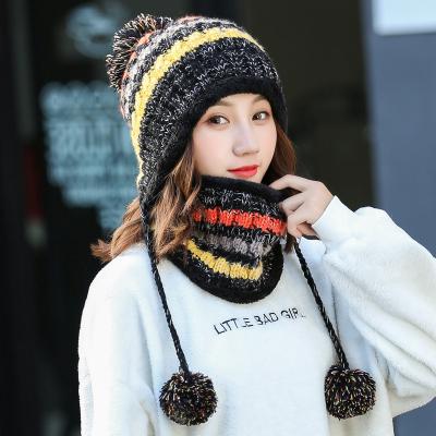 China COMMON Winter Warm Hat And Scarf Set For Women Girls Beanies Ring Scarf Pom Pom Winter Warm Hats Knitted Hat for sale