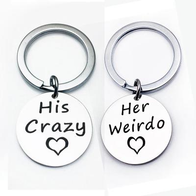 China Metal Fashion Jewelry Couples Friends Key Chain Engraved Her Crazy His Original Stainless Steel Keyring For Boyfriend Girlfriend Gift for sale