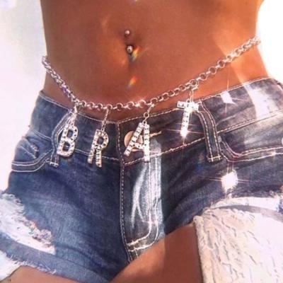 China 2021 New Personalized Silver BOHEMIA Women's Sexy Body Chain Rhinestone Letter Belly Waist Chain for sale