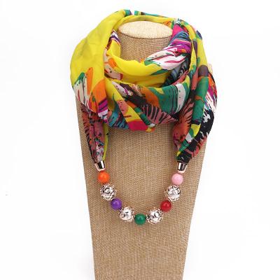 China Hot Chiffon Fashion Head Scarves Printing Flower Pattern Chiffon Beads Scarf Necklace For Women Maxi Statement Necklaces Jewelry for sale