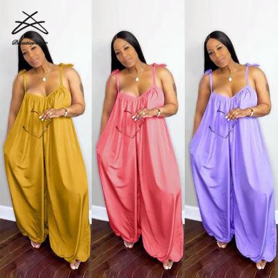 China Summer Breathable Sleeveless Overalls Women Plus Size Wide Leg Lantern Lace Up One Piece Rompers Overalls for sale