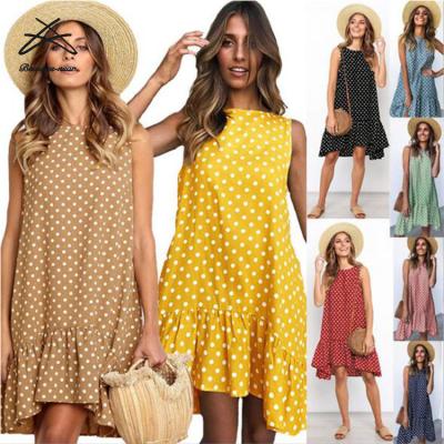 China Breathable Polka Dots Dress For Women Summer Chill Irregular Ruffle Round Neck Plus Size Casual Mini Bohemian Beach Dress for sale