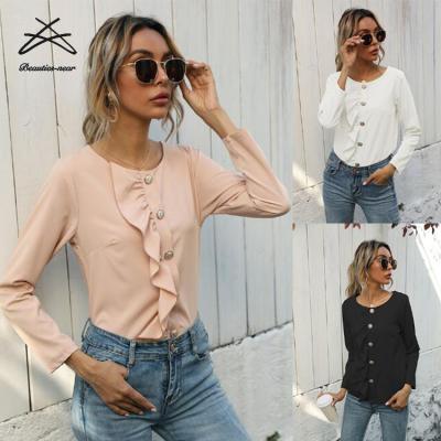 China 2021 New Soft Women's Button Ladies Solid Color Shirt Breathable Ruffled Long Sleeve Blouse for sale