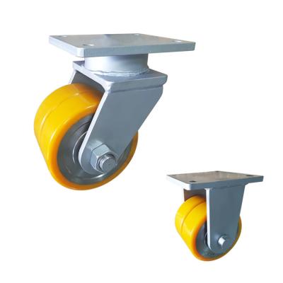 China 8 Inch 2T Orange Super Heavy Duty Casters Steel PU Twin Wheel Swivel Industrial Casters for sale