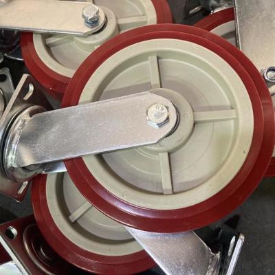 Κίνα 8 Inch FLat Tread PU Wheel Red Polyurethane Swivel Plate Trolley Wheels For Industrial Carts προς πώληση