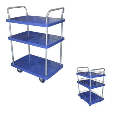 China 900x600mm Drie de Capaciteit van Decker Plastic Platform Trolleys With 660lbs Te koop