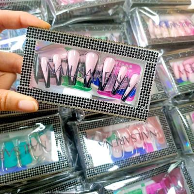 China New Design Easy Wear Pink Ombre Gradient Ballerina Coffin Marble ABS Wholsale Super Long Press On Nails for sale