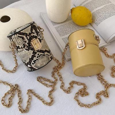 China New Wave Cute Cylinder Lattice Daily Use Snakeskin Pattern Chain Shoulder Messenger Round Small Bucket Female Bag for sale