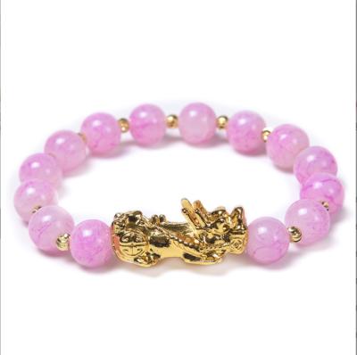 China Environmental Friendly Feng Shui Crystal Pink Green Jewelry Jade Wealth Beads Gold Pixiu Natural Glass Bracelet Lucky Charm for sale