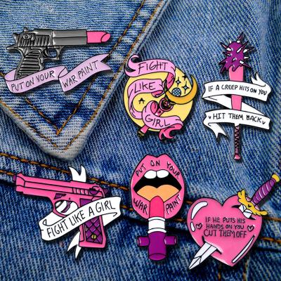 China Fashionable Gun Lipstick Pin Feminism Knife Enamel Lapel Pin Badge Brooch For DIY Backpack Clothes Hat for sale