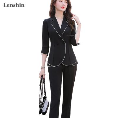 China Anti-Wrinkle 2 Pieces Half Sleeve Binding Striped Blazer Suit Pant Set Suit With Pants Summer Fashion Style Office Lady Women Work Wear for sale