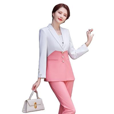 China Wholesale High Quality Anti-wrinkle Patchwork 2 Piece Suit Set For Women Shop Lady Work Wear Business Triple Button Pant Suits for sale