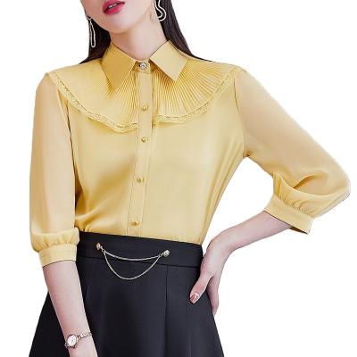 China Women's casual anti-pilling new wholesale high quality elegant female loose green shirt tops half sleeve clothing office ladies blouse for sale