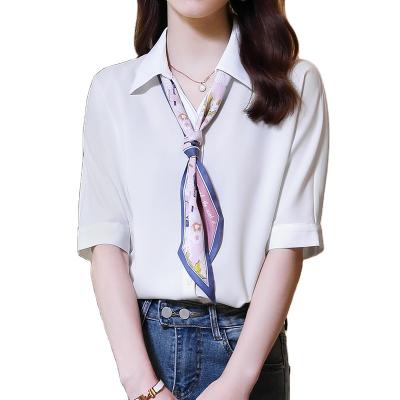 China Anti-pilling New Elegant Female Loose Solid V-Neck Shirt Shirt Casual Women Short Sleeve Office Ladies Blouse With Tie for sale