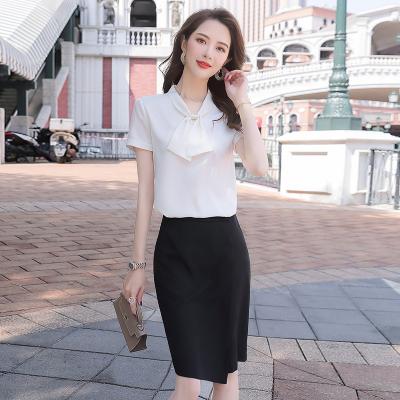 China Wholesale Anti-Wrinkle China Factory Direct Sale Dropship White Tie Shirts For Women Short Sleeve Blouse With Bow Office Lady Summer Wear Top for sale