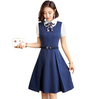 China Wholesale Anti-wrinkle Women Dress Merchants Sleeveless Pleated Stripped Blue Slim Office Lady Work Wear Teacher Uniform With Lining for sale