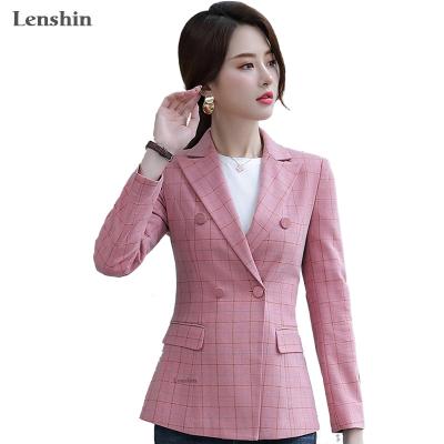 China Anti-Wrinkle Soft And Comfortable Plaid Lenshin Pink Jacket With Double Breasted Lady'S Clothing Coat Casual Style Pocket Office Blazer for sale