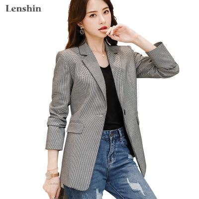 China Anti-wrinkle Lenshin Plaid Jacket With Two Pockets Long Sheath One Button Women Blazer Fashion Work Wear Office Elegant Lady Coat Outwear for sale