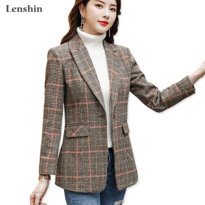 China OEM Anti Shrink Wholesale Vintage England Style High Quality Brown Plaid Coat With Pockets Women Simple Button Jacket Fashion Outwear Blazer for sale