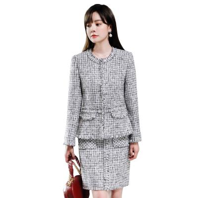 China Wholesale Anti-Wrinkle 2 Pieces Fashion Women High Quality Burlap Tweed Set Blazer Skirt Suits Office Lady Soft Comfortable Jacket Skirt en venta