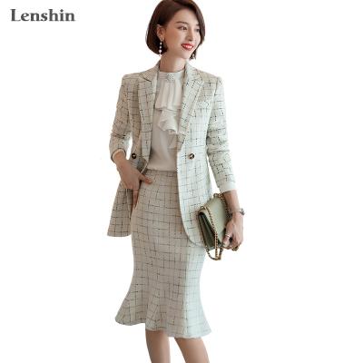 China High Quality Soft Anti-Wrinkle Plaid Tweed Suit For Women 2 Pieces Set Lady Formal Blazer Trumpet Mermaid Skirt Suit Office Uniform Designs for sale