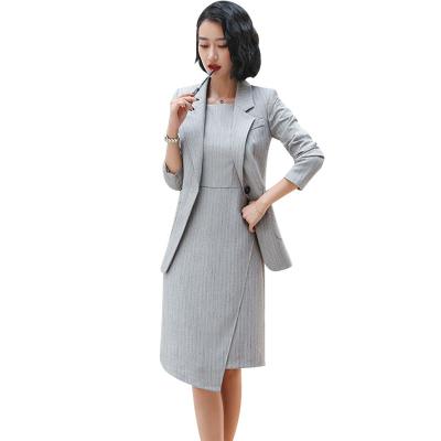 中国 Anti-wrinkle China factory direct sales wholesaler 2 pieces set Irregular Lady Formal Women Business Gray Blazer and dress suit office dress 販売のため