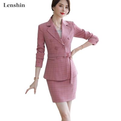 中国 wholesale Anti-Wrinkle 2 Piece Suit Set Women Plaid Skirt Suit Double Breasted Blazer With Sashes Office Lady Uniform Business Designs 販売のため