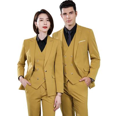 Cina Anti-Wrinkle High Quality Wholesale Yellow 3 Piece Suit Set OEM Dropshipping Business Formal Same Style For Men And Women Genders Pant Suit in vendita