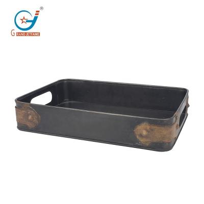 China Durable Rectangle Metal Serving Tray With Rust Trim With Cutout Handles for sale