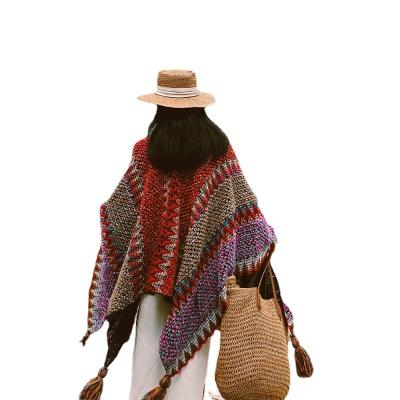 China Wholesale Ladies Poncho Sweater Striped Acrylic Computer Latest Design Women Winter Style Shawl Cloak Coat Travel Picnic Ethnic Party for sale