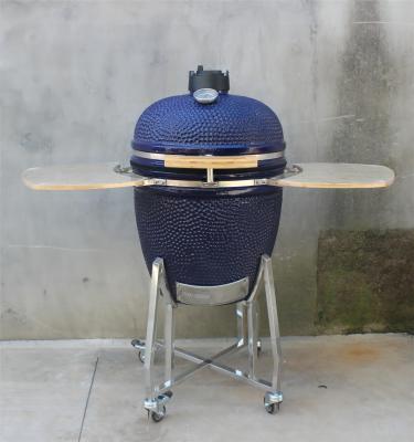 China Barbacoa de cerámica Kamado Grill al aire libre color azul marino de 22 pulgadas con carro y mesas auxiliares en venta