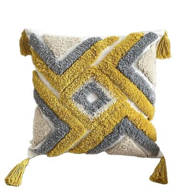 China Wholesale Printed Boho Pillow Cover Anti-Static Bohemian Linen Embellished Decorative Square Fringed Plaid Cotton Hand - Woven Cushion Cover for sale