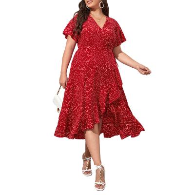 China 2022 Summer Anti-Static V-Neck Short Sleeve Irregular Dot Print Plus Size Women's Midi Casual Dresses for sale