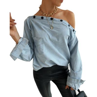 China Anti-pilling Fashion Streetwear Ladies Long Sleeve Sexy T-shirts Loose Streetwear Denim Shirt Blouse Denim Shirts Wholesale for sale