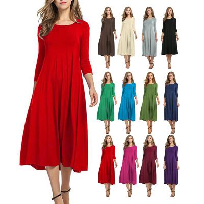 China Women's Dresses Burgundy Autumn Dress O Neck Three Quarter Sleeve Casual Wear Breathable Long Dress for sale