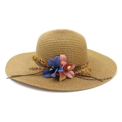 China 2020 Character Women Brim Beach Hat Flower Summer Sun Foldable Straw Hat Wide for sale