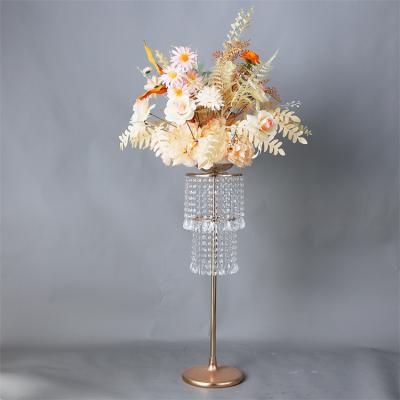 China Wedding Two-tier Crystal Flower Stand Factory Direct Table Decoration Crystal Pendant Flower Stand Gold Metal Wedding Centerpiece for sale