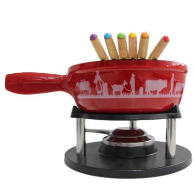 China Sustainable Enamel Cast Cheese Fondue Pot Set Swiss Traditional Cast Iron Fondue Set For Cheese Meat Chocolate Cheese Fondue Party Set for sale