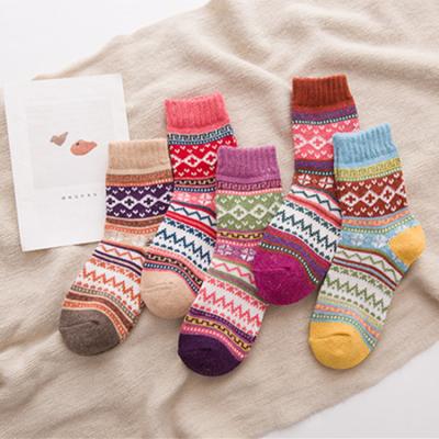 China Winter Soft Warm Thick QUICK DRY knit woolen crew bangs women's multicolor vintage striped jacquard pattern thicken warm casual socks for sale