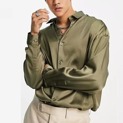 China Anti-pilling Mens Designs Casual Shirts Covered Button Plus Size Summer Green Satin Shirt For Men for sale