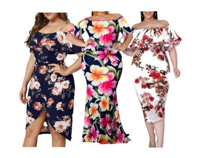 China Anti-Wrinkle Factory New Arrive Spring Summer Womens Clothing Floral Layered Ruffle Off Shoulder Dress Plus Size Dresses for sale