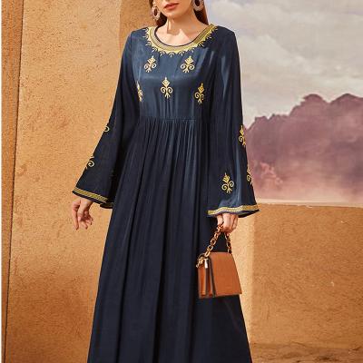 China Polyester Spendex High Waist Amazon Embroidery Dresses Traditional Muslim Dress Dubai Turkey Women Vintage A-Line Style Muslim Casual Clothing for sale