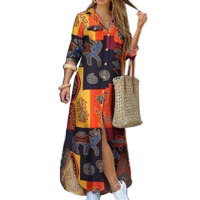 China New Designs Anti-wrinkle Long Dresses Women Print Casual Dress Long Sleeve Black Dress for sale