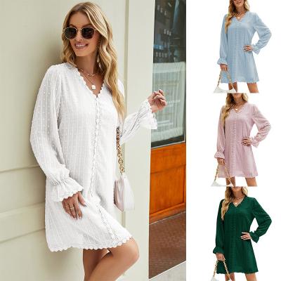 China Autumn Girls Dress France Style V-neck anti-static women dresses new arrivals 2022 long sleeve lace chiffon fabric casual dresses for sale