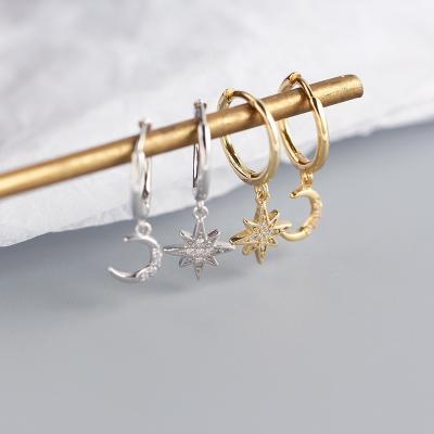 China Cute Unique Moon and Star 925 Sterling Sliver Women Hoop Earrings for sale